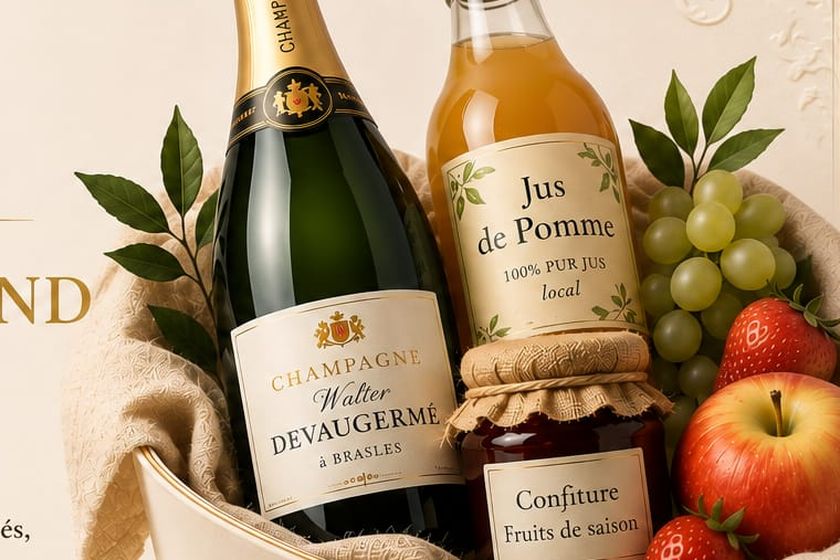 Panier gourmand : champagne, jus de pomme, confiture et fruits
